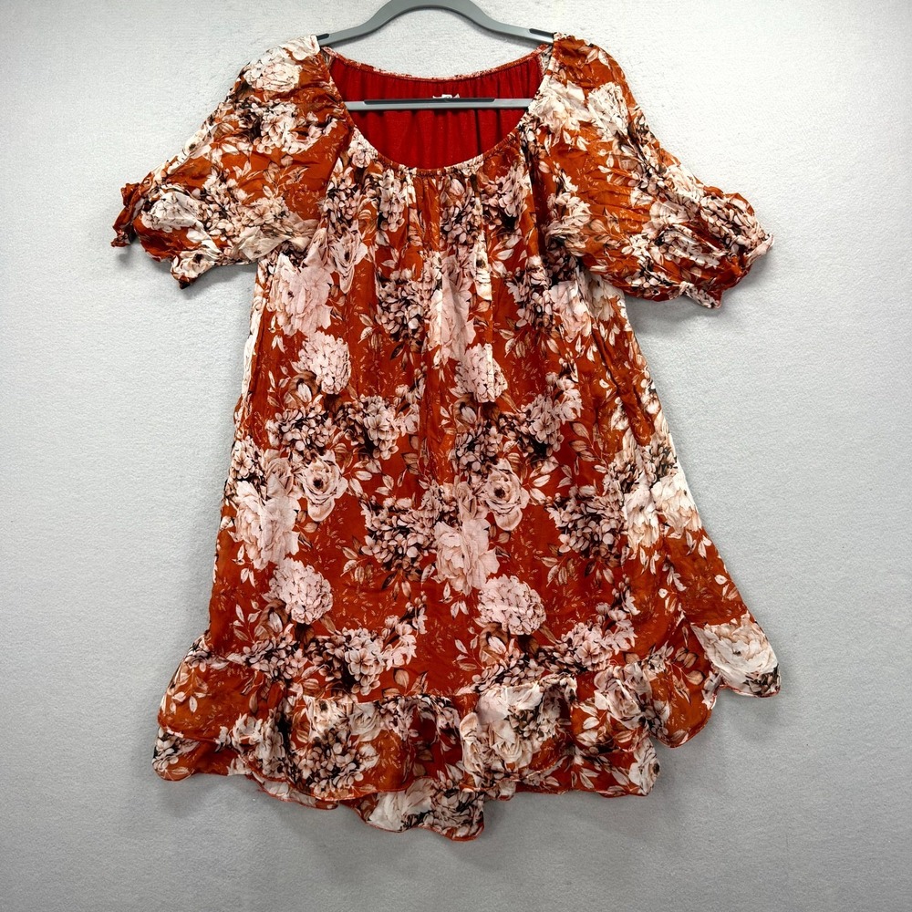 Elena Baldi Mini Dress Womens XL Rust Brown Floral Off the Shoulder Ruffle Hem